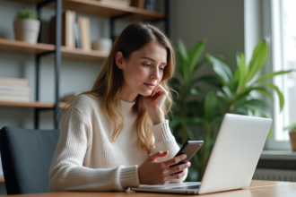 Jeune femme au bureau moderne utilisant smartphone et ordinateur