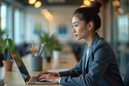 Jeune femme professionnelle travaillant sur un ordinateur dans un bureau moderne