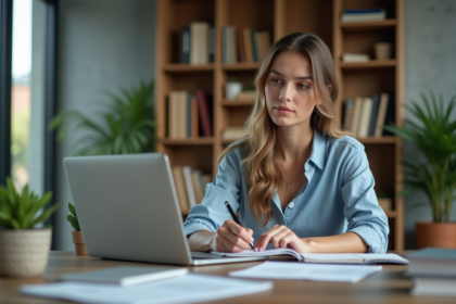 Jeune femme professionnelle concentrée sur son ordinateur au bureau