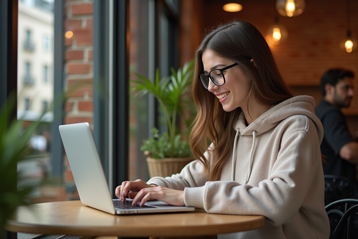 Jeune femme travaillant sur son ordinateur au café