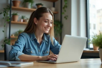 Jeune femme regardant son ordinateur avec page Instagram