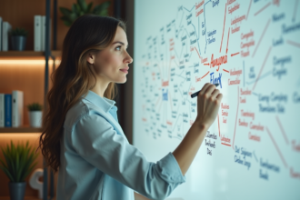 Jeune femme en bureau écrivant idées sur tableau blanc