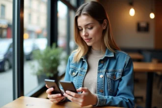 Jeune femme comparant deux smartphones dans un café cosy