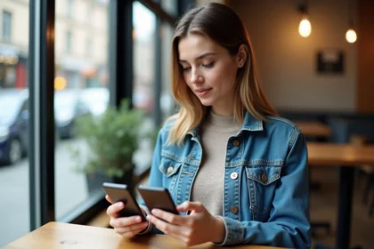 Jeune femme comparant deux smartphones dans un café cosy