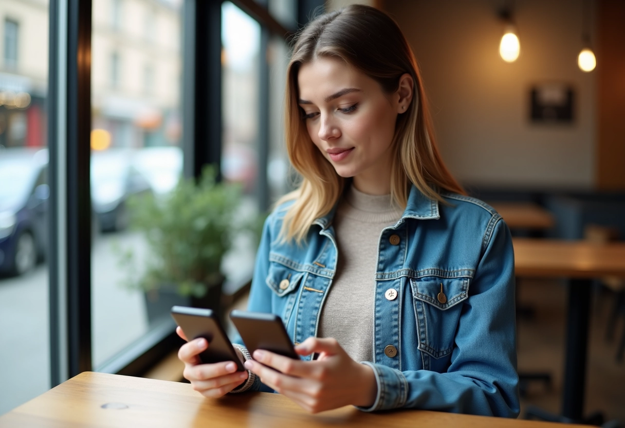 Jeune femme comparant deux smartphones dans un café cosy