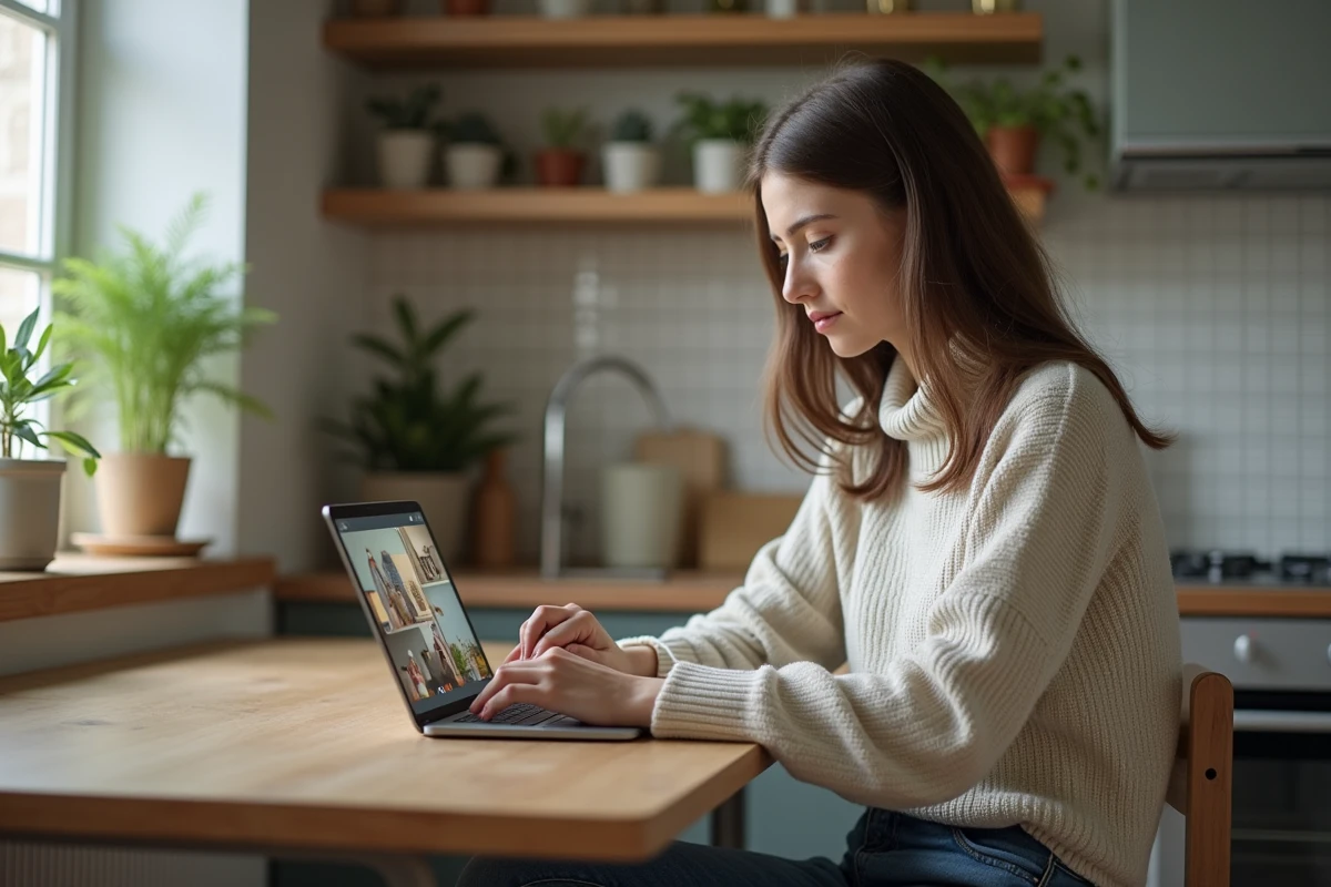 Jeune femme utilisant une tablette dans la cuisine lumineuse