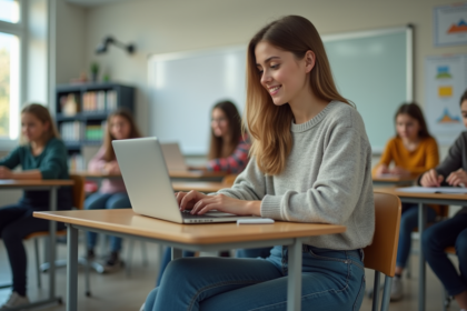 Jeune fille en jeans et pull dans une classe moderne