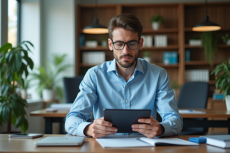 Jeune homme professionnel utilisant une tablette au bureau