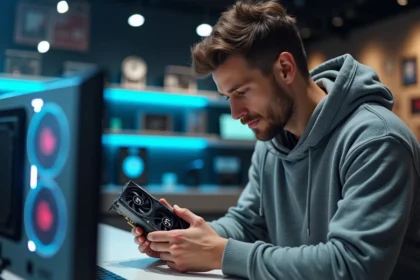 Jeune homme inspectant une carte graphique neuve en magasin