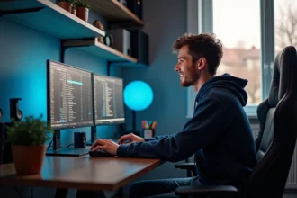 Jeune homme souriant devant son ordinateur avec serveur FiveM