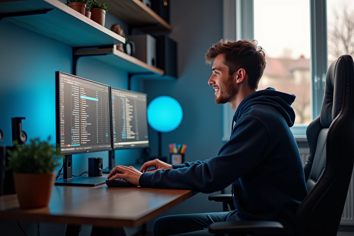 Jeune homme souriant devant son ordinateur avec serveur FiveM