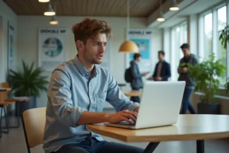 Jeune homme assis à un bureau universitaire avec son laptop