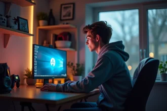Jeune homme concentré sur son ordinateur dans un intérieur cosy