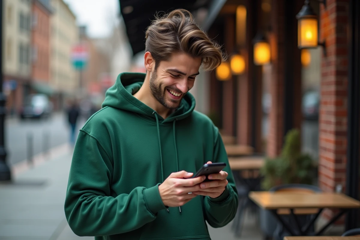 Jeune homme souriant utilisant son smartphone dehors