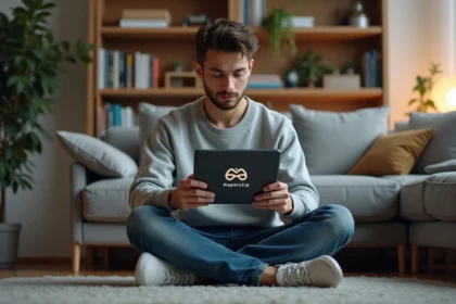 Jeune homme pensif utilisant une tablette dans un salon moderne