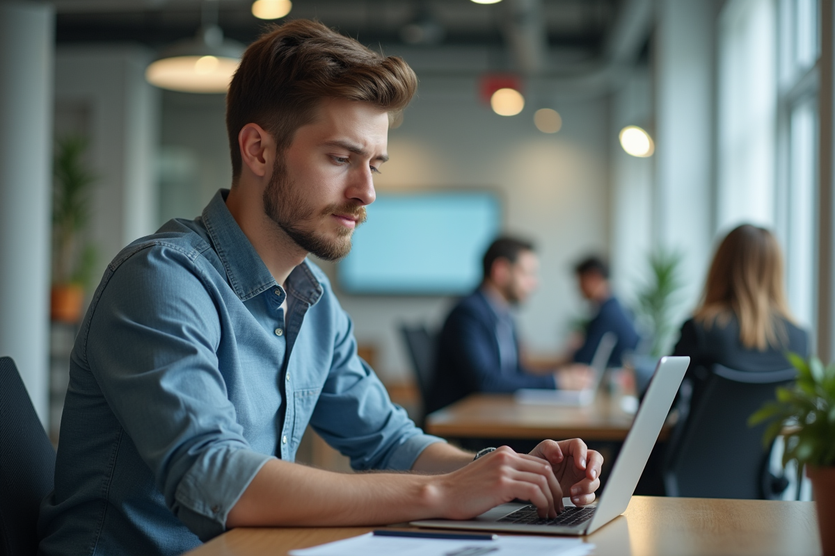 Jeune homme ouvrant un PDF sur une tablette dans un espace de coworking