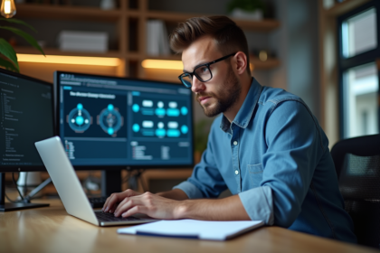 Jeune homme en informatique compare deux diagrammes réseau