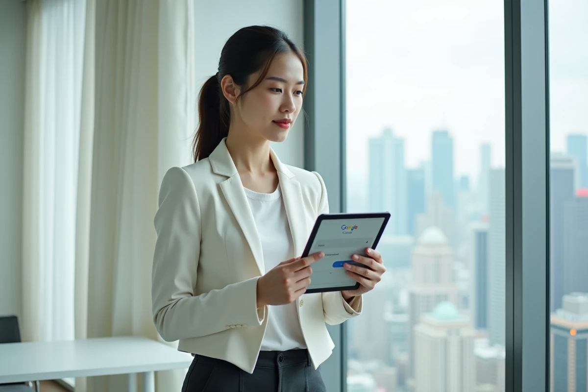 Jeune professionnelle utilisant une tablette pour rechercher un emploi aux États-Unis sur Google depuis son appartement