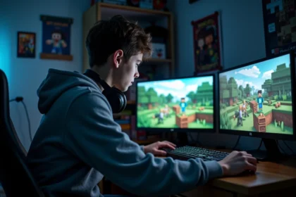 Adolescent jouant à un mod Pokémon sur Minecraft devant un écran d'ordinateur dans sa chambre