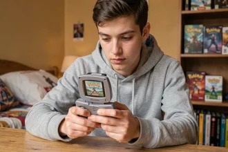 Jeune homme jouant à Pokémon Émeraude sur une Game Boy Advance SP dans une chambre avec décorations gaming rétro