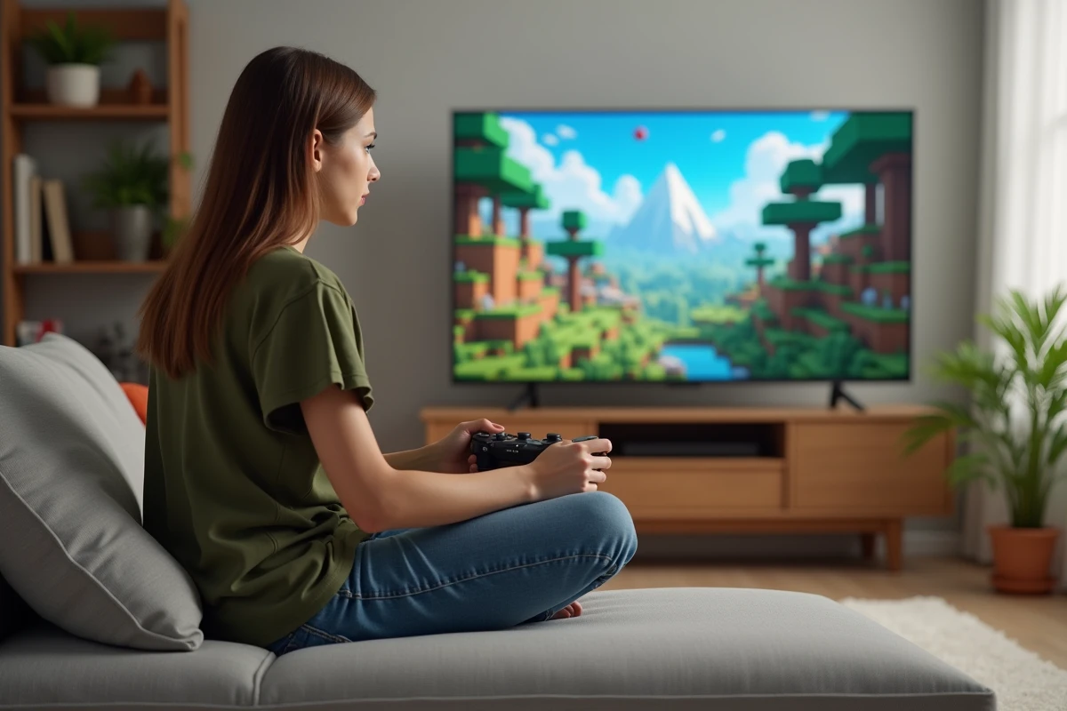 Jeune femme jouant à un mod Pokémon Minecraft sur grand écran TV dans un salon moderne