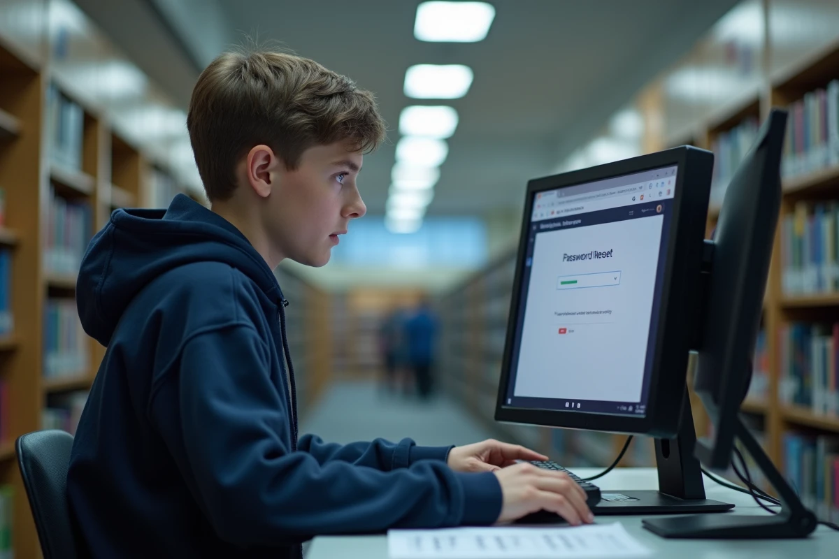 Lycéen en train de réinitialiser son mot de passe ENT sur un ordinateur en bibliothèque scolaire