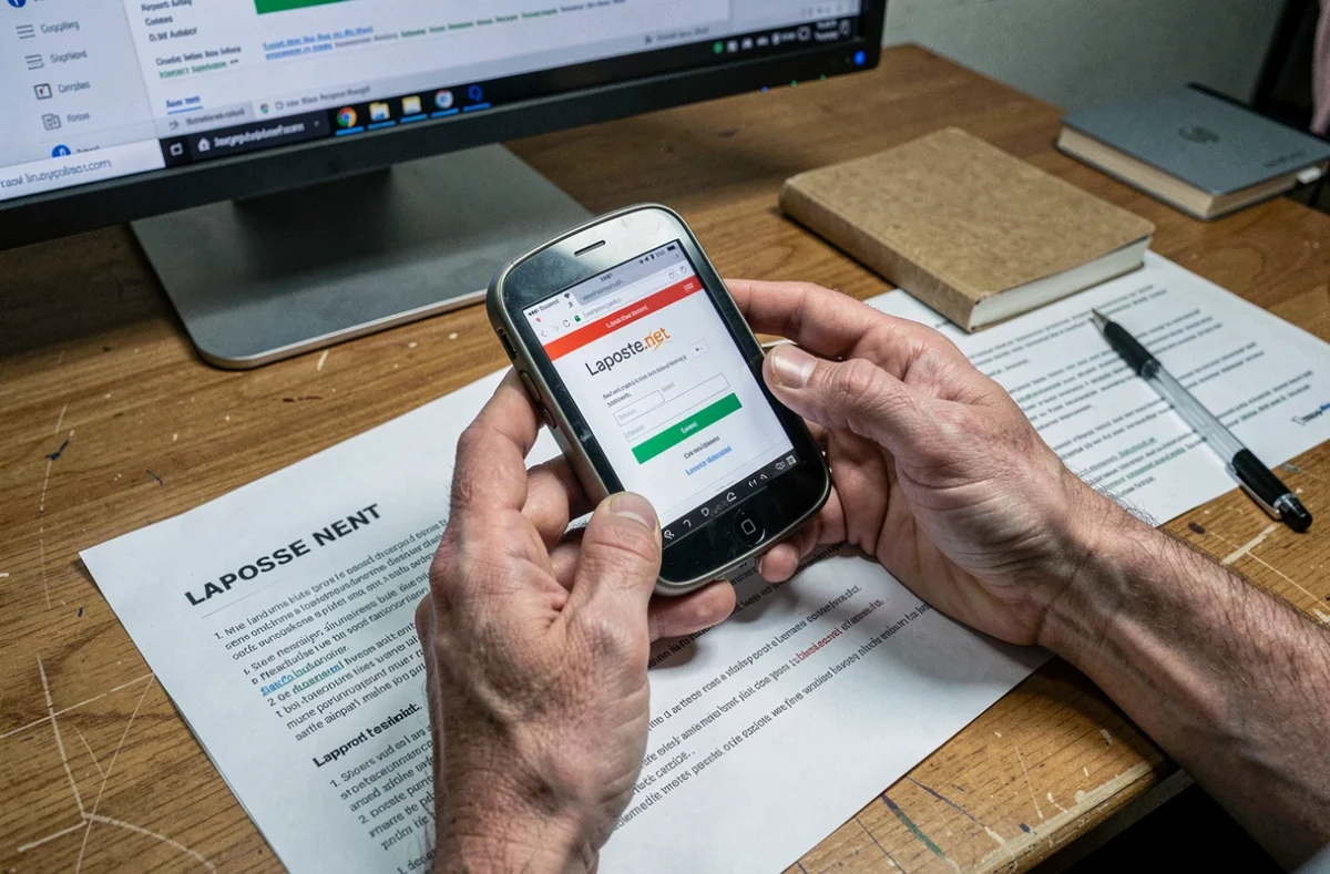 Mains tenant un vieux smartphone affichant la page de connexion Laposte.net avec une feuille d'instructions posée sur un bureau