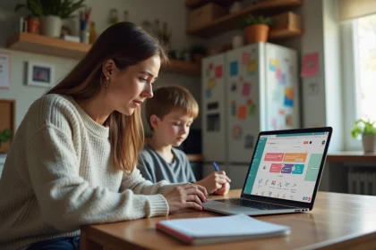 Maman et fille regardant un portail scolaire sur un ordinateur