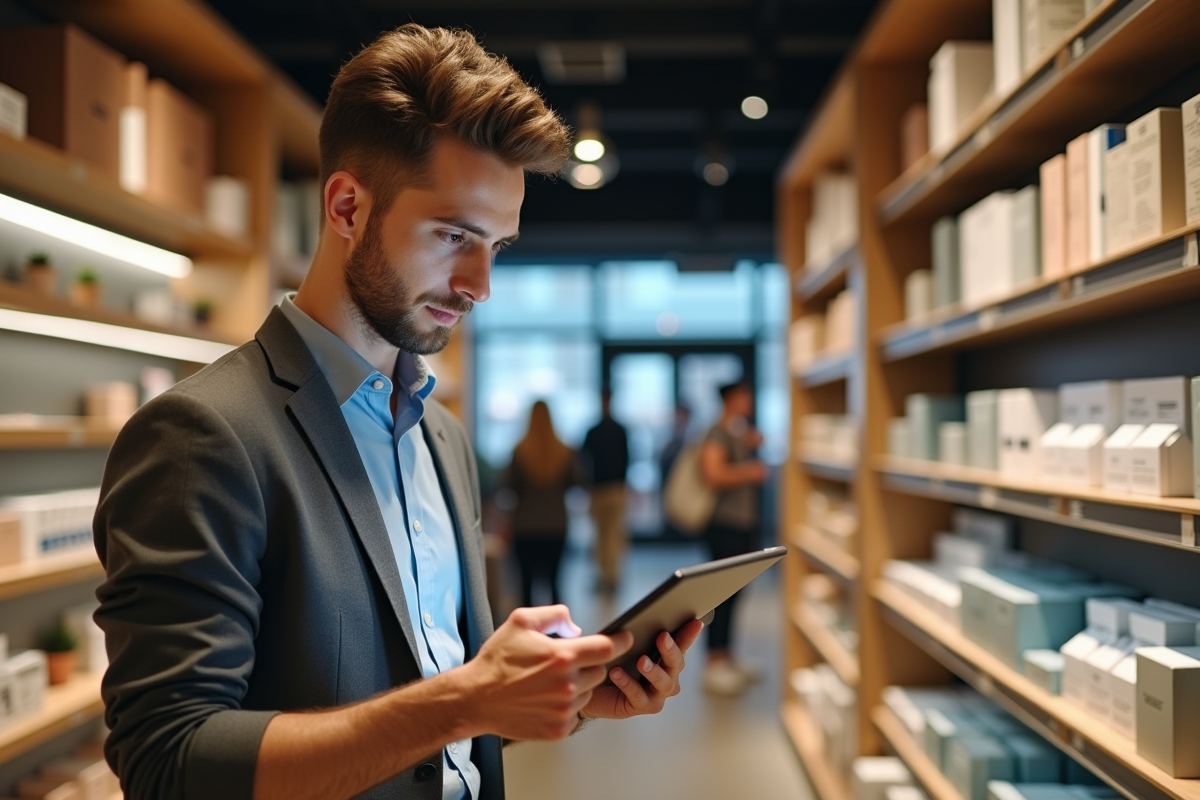 Manager de retail utilisant une tablette en magasin
