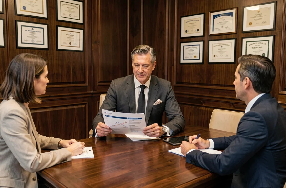 Consultant senior de Mederi Consulting présentant un rapport de gestion des risques à des clients dans un cabinet parisien raffiné