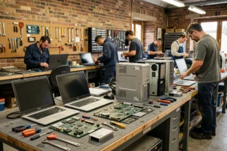 Atelier de réparation informatique dans la Loire avec des ordinateurs démontés sur des établis et des techniciens au travail