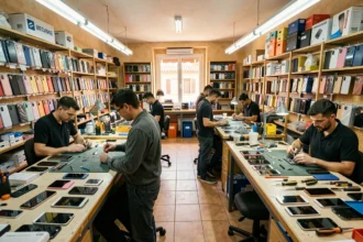 Vue d'ensemble d'un atelier de réparation de smartphones dans les Bouches-du-Rhône avec des techniciens au travail