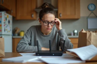 Mère fatiguée consultant l'étiquette de sa Bbox pour trouver le code WiFi dans une cuisine encombrée