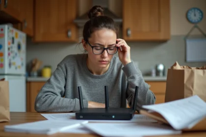 Mère fatiguée consultant l'étiquette de sa Bbox pour trouver le code WiFi dans une cuisine encombrée