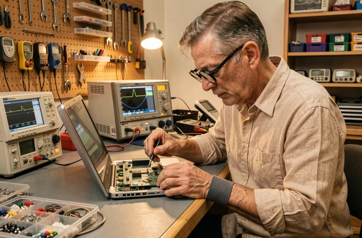 Technicien de Micro Techno réparant une carte électronique avec un fer à souder dans un atelier polyvalent