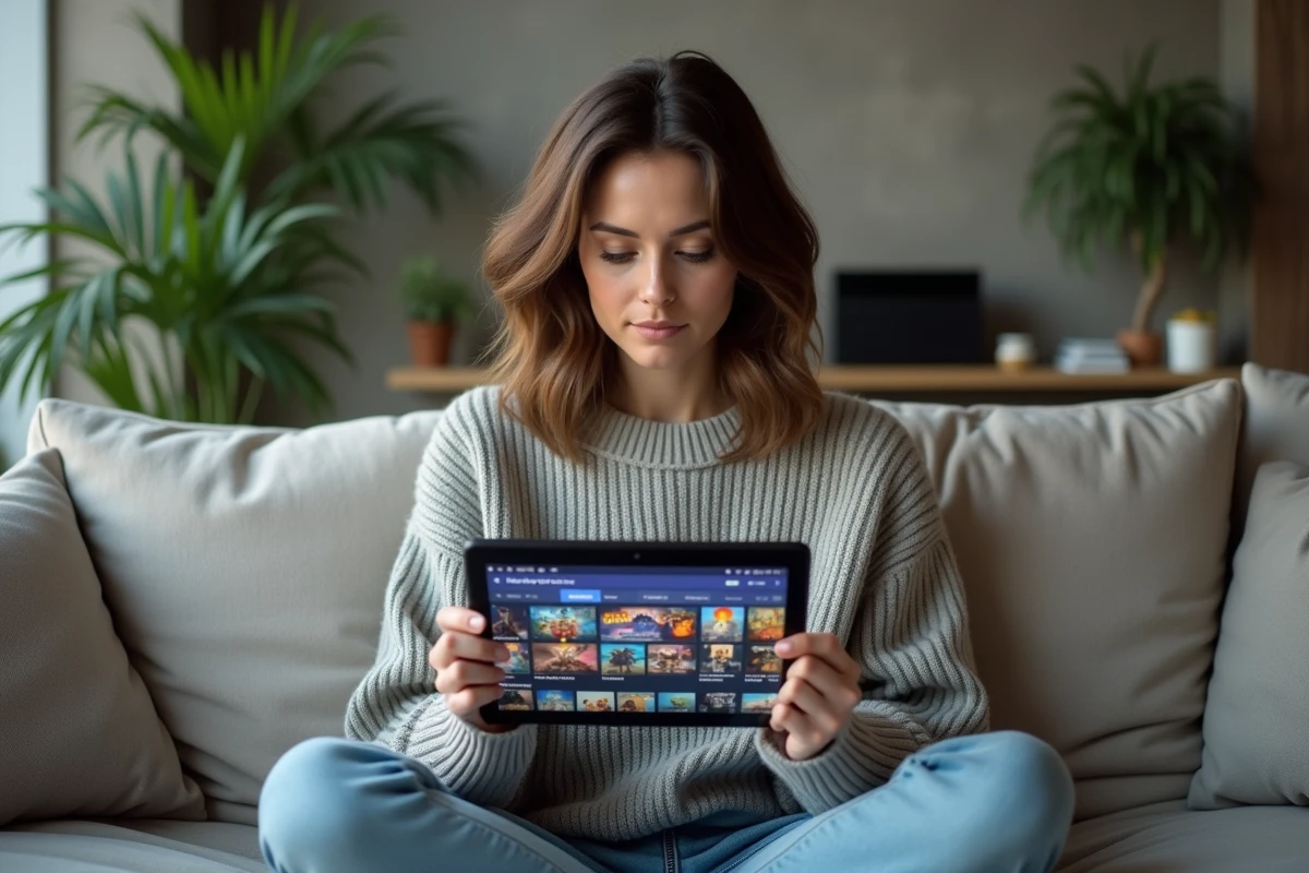 Femme analysant les offres légales de jeux vidéo sur une tablette depuis son salon