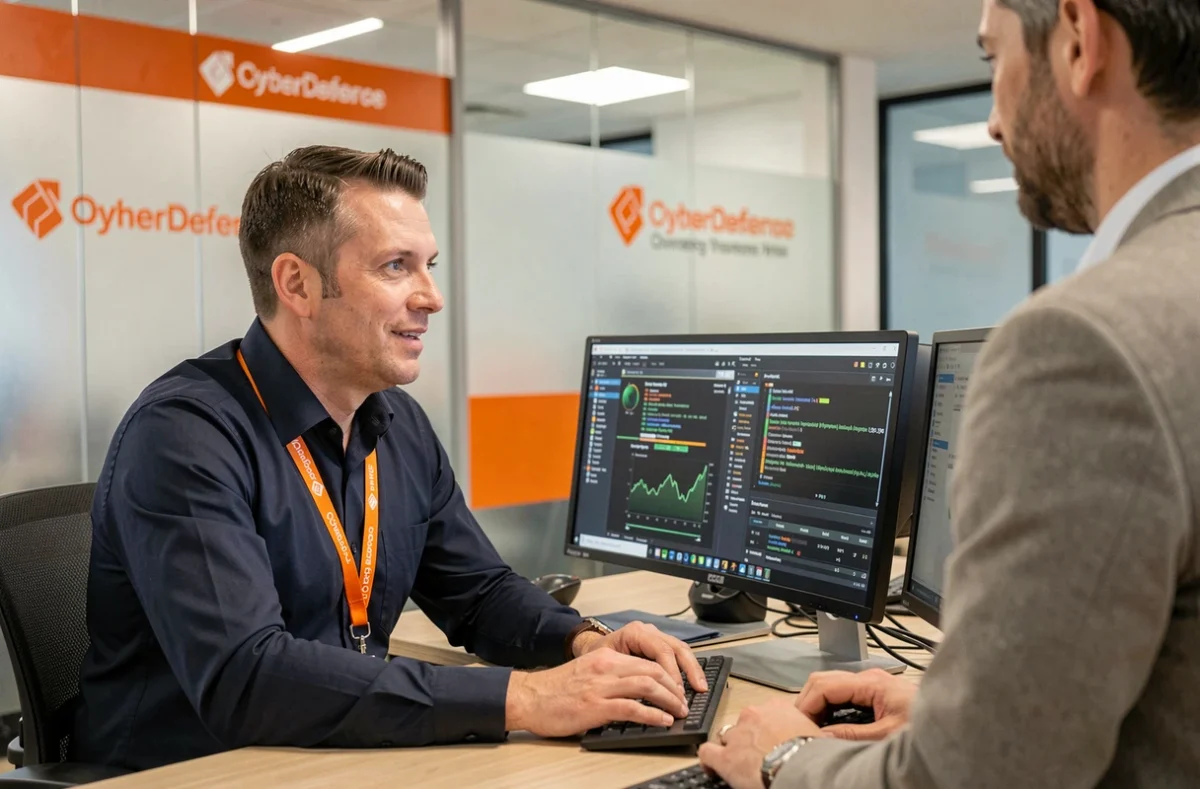 Consultant en cybersécurité Orange Cyberdefense travaillant sur des données de renseignement sur les menaces dans un bureau moderne