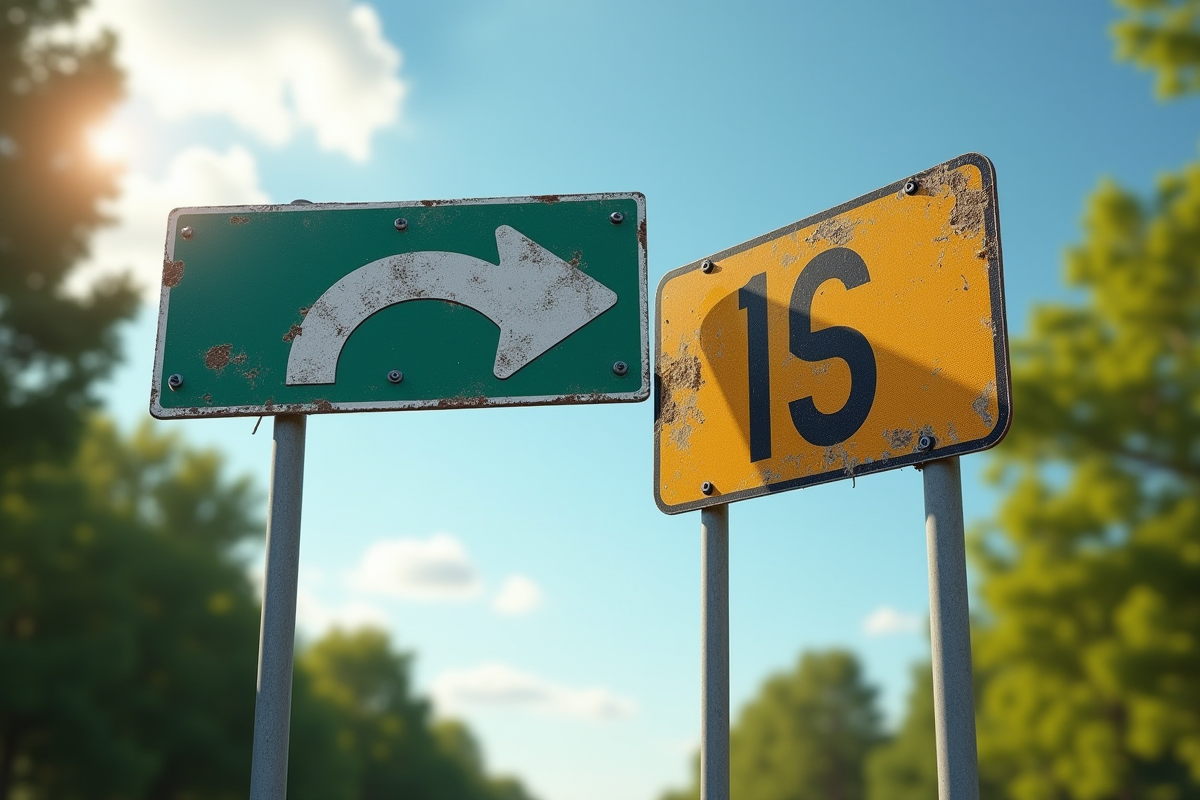 Deux panneaux routiers à une intersection avec flèche de changement de direction