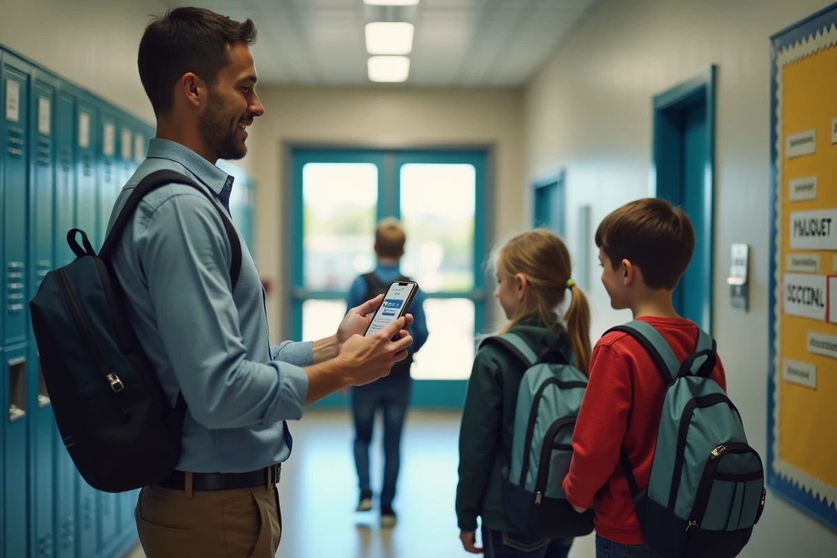 Pere et enfants dans un couloir d école avec smartphone