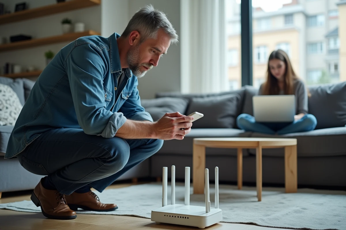 Père photographiant le code WiFi de sa Bbox avec son smartphone dans un salon moderne pendant que sa fille attend