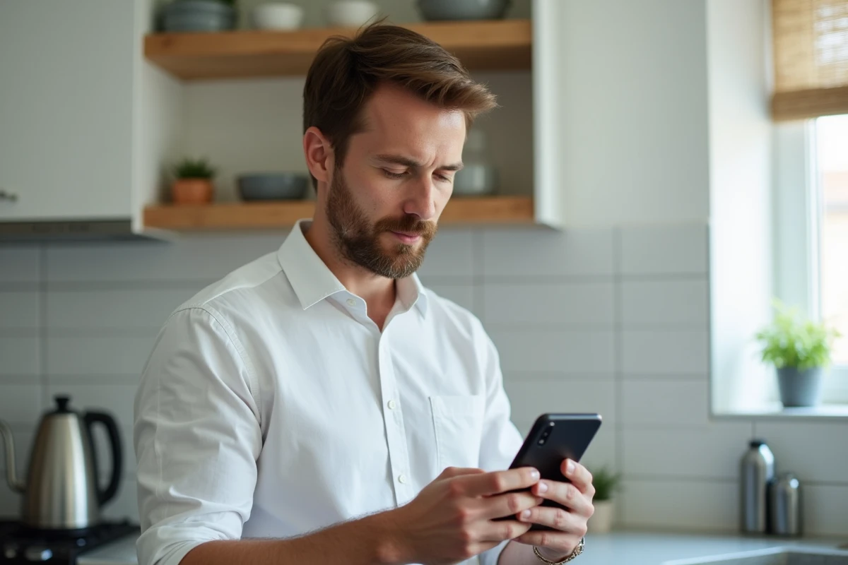 Homme consultant son smartphone face à un problème de lecture vidéo dans la cuisine