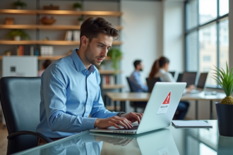 Jeune homme professionnel face à un ordinateur avec alerte de securite