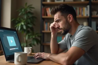 Homme frustré devant un ordinateur portable avec une vidéo en ligne qui ne se charge pas
