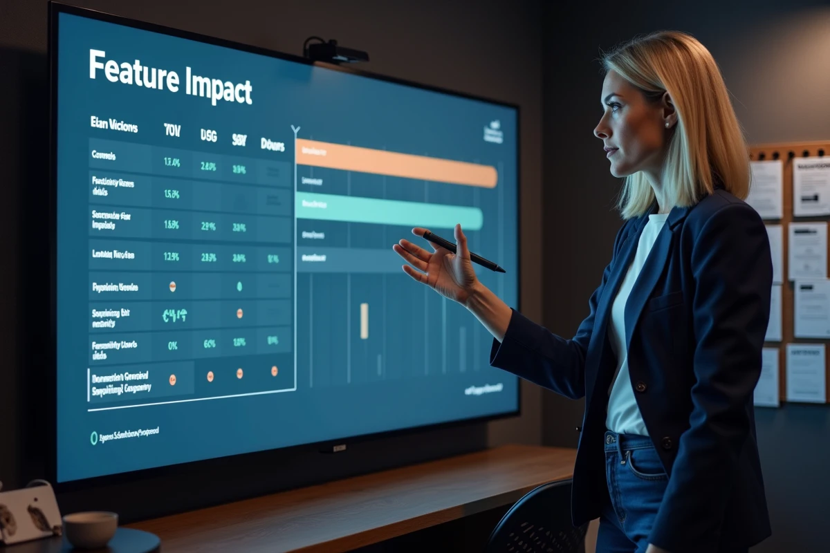 Chef de produit présentant une matrice d'impact des fonctionnalités sur un écran lors d'un atelier de priorisation roadmap