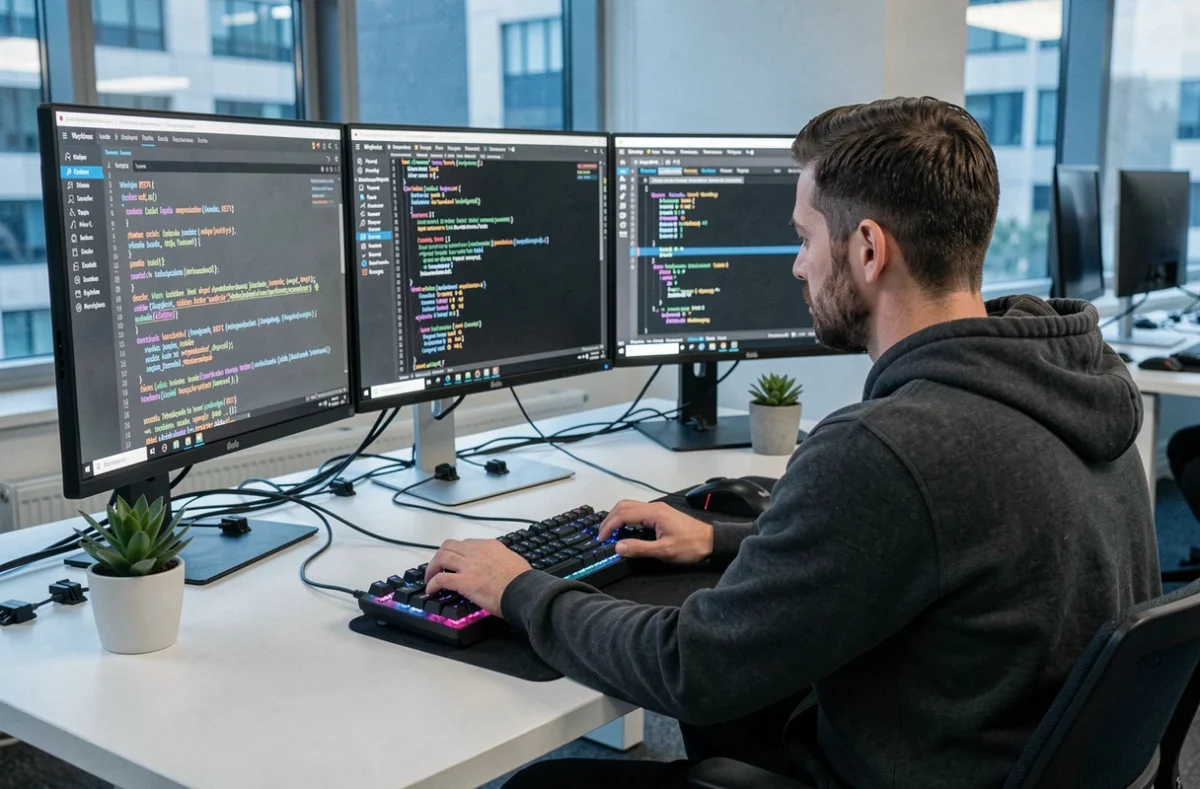 Développeur de Programmer Solutions codant des solutions WordPress sur plusieurs écrans dans un bureau technique organisé et moderne