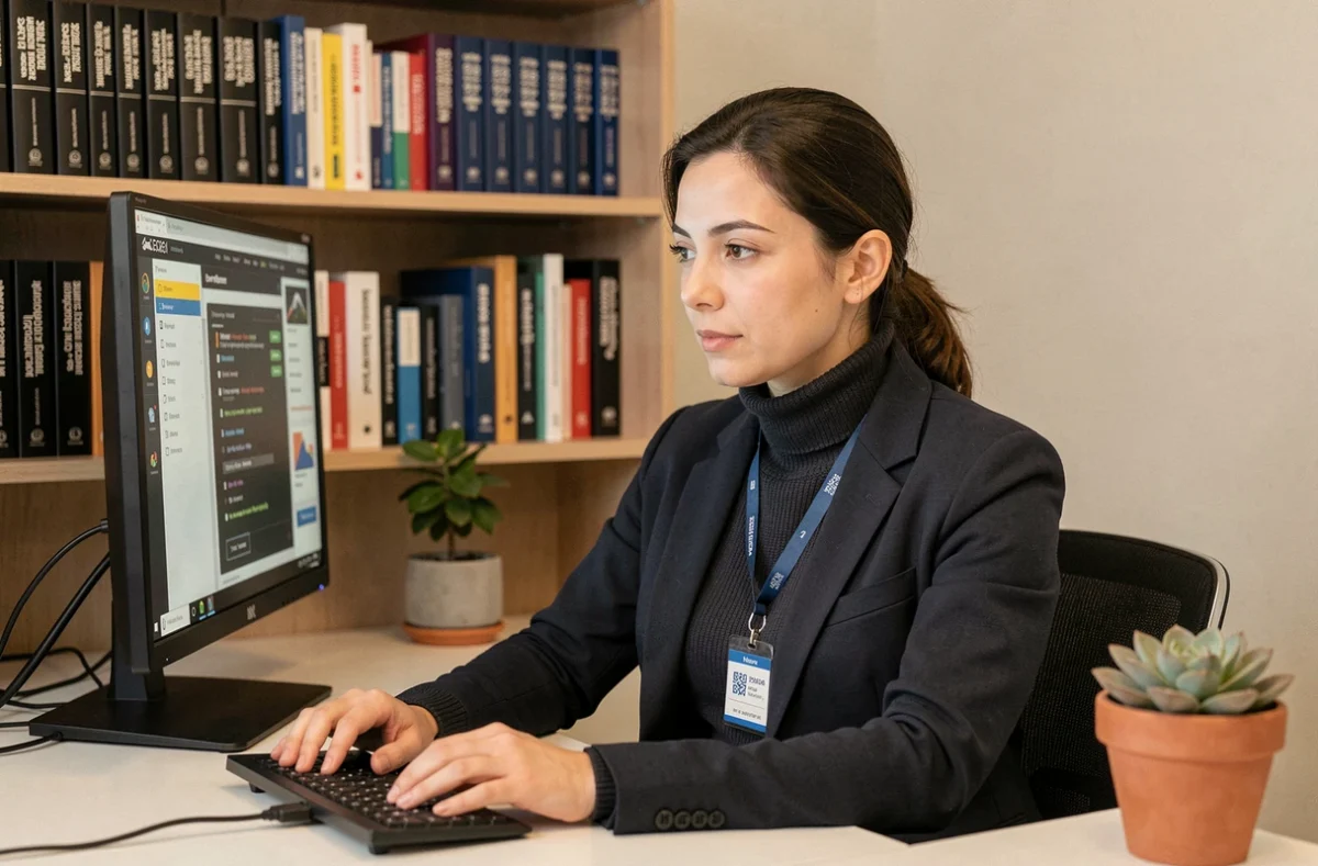 Consultante en cybersécurité de Provectio examinant un tableau de bord de test d'intrusion dans un bureau privé minimaliste