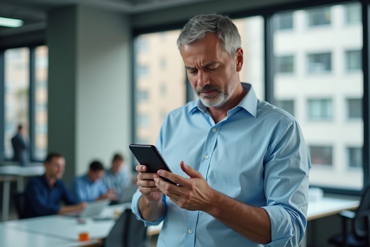 Homme consultant la procédure de récupération de mot de passe webmail sur son smartphone au bureau