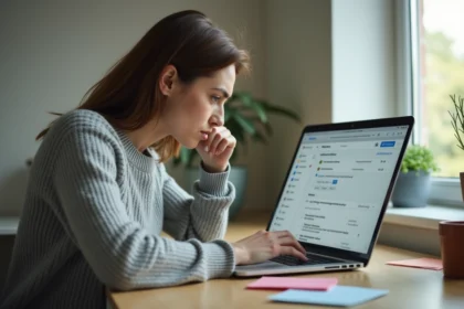 Femme cherchant à récupérer un email supprimé sur son ordinateur portable dans un bureau à domicile