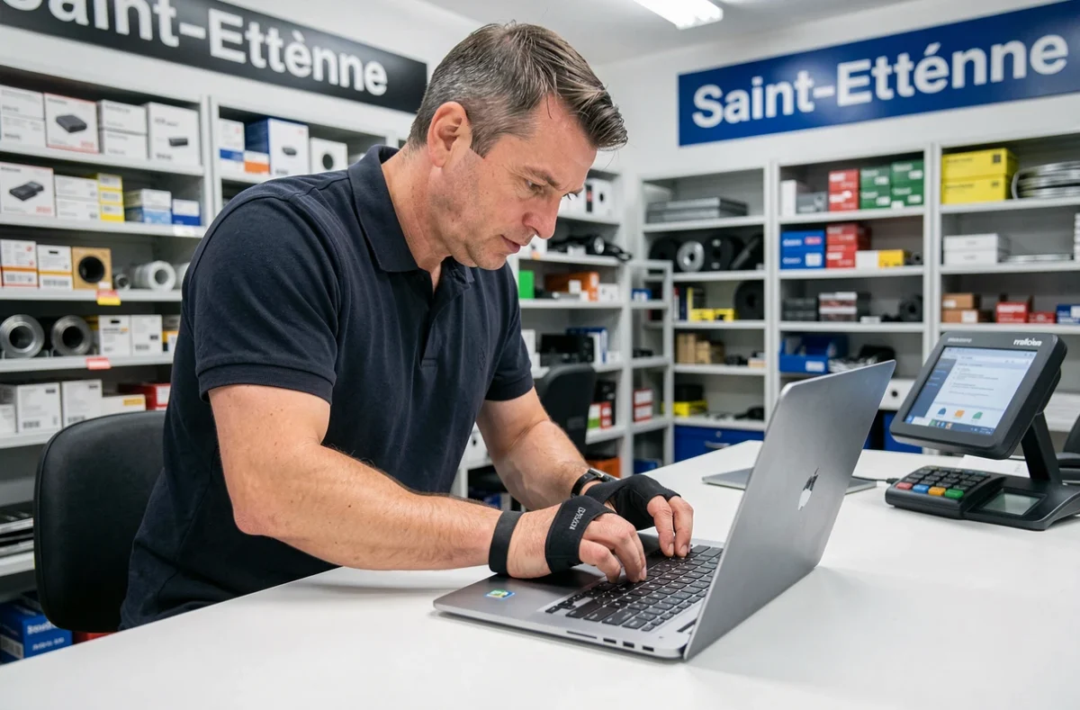 Technicien de Repar'PC Saint-Etienne remplaçant le clavier d'un ordinateur portable sur un établi propre