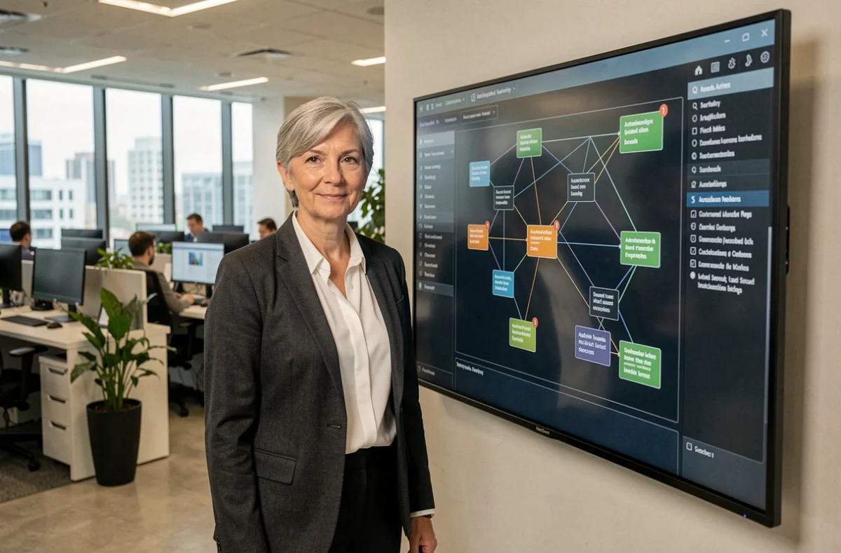 Responsable cybersécurité analysant la configuration de l'authentification TBS sur un écran de supervision réseau